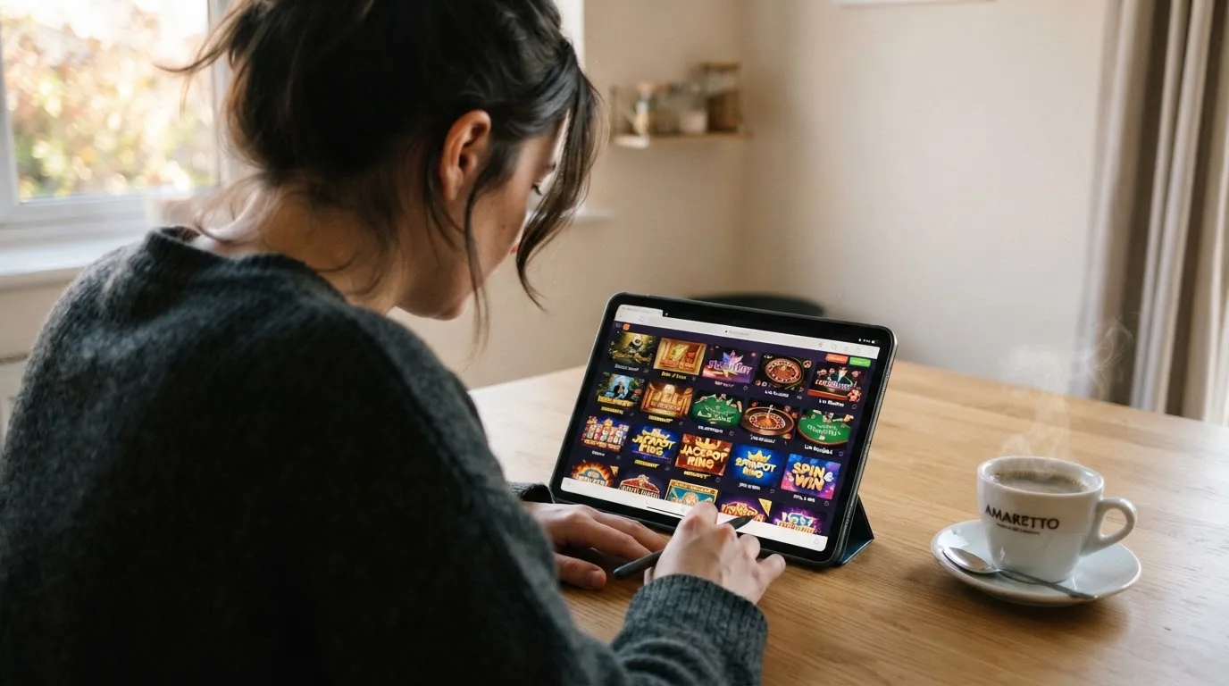 Een persoon bekijkt op een tablet een overzicht van casinospellen aan een keukentafel, met een kop koffie ernaast.