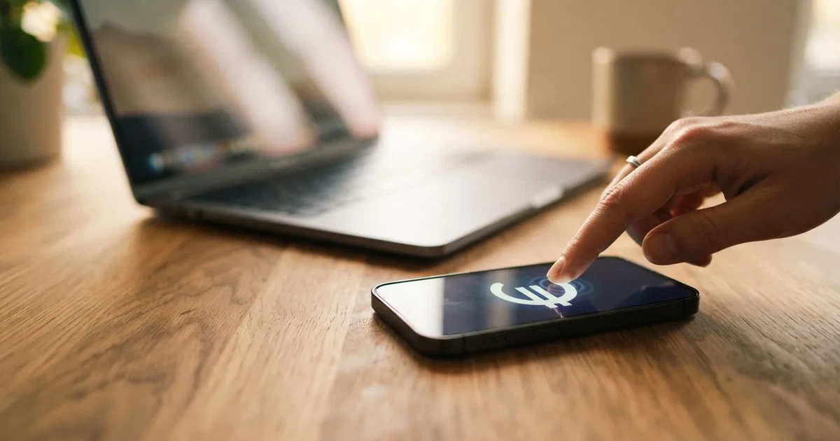 Een close-up van een hand die op een smartphone tikt naast een laptop op een houten bureau, met zacht daglicht op de achtergrond.