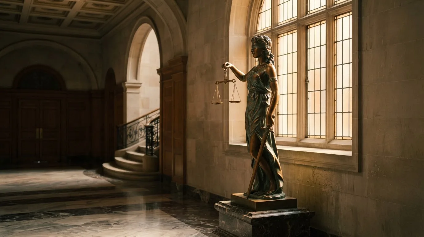 Een bronzen vrouwe Justitia met weegschaal staat voor een grote raampartij in een statig gerechtsgebouw, met zacht ochtendlicht.