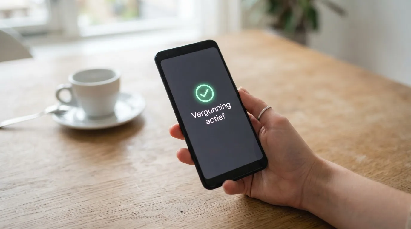 Een hand houdt een smartphone vast boven een houten tafel met een kopje koffie ernaast, in zacht daglicht.