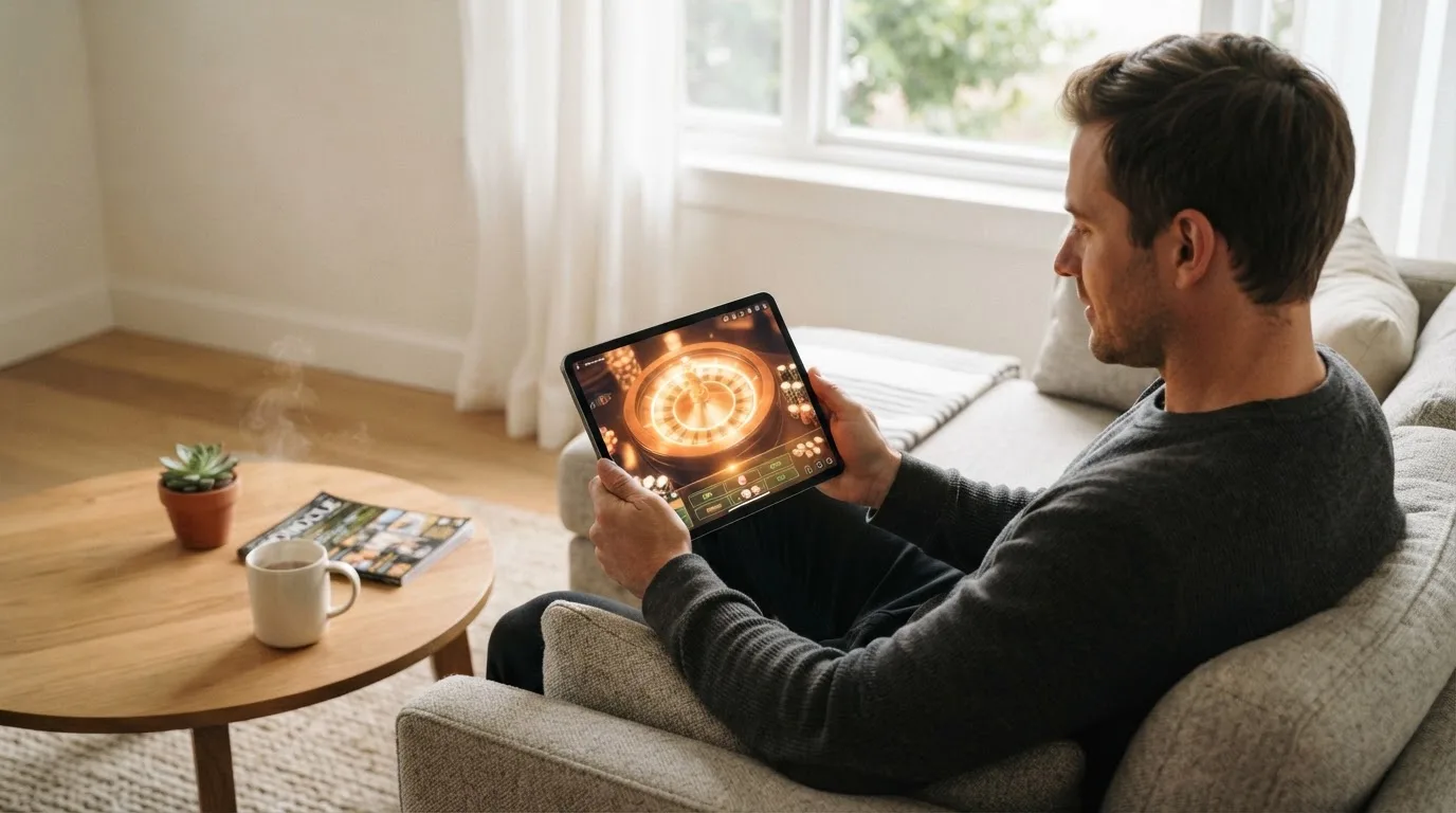 Een man bekijkt ontspannen een tablet op de bank in een lichte woonkamer met een kop koffie op de salontafel.