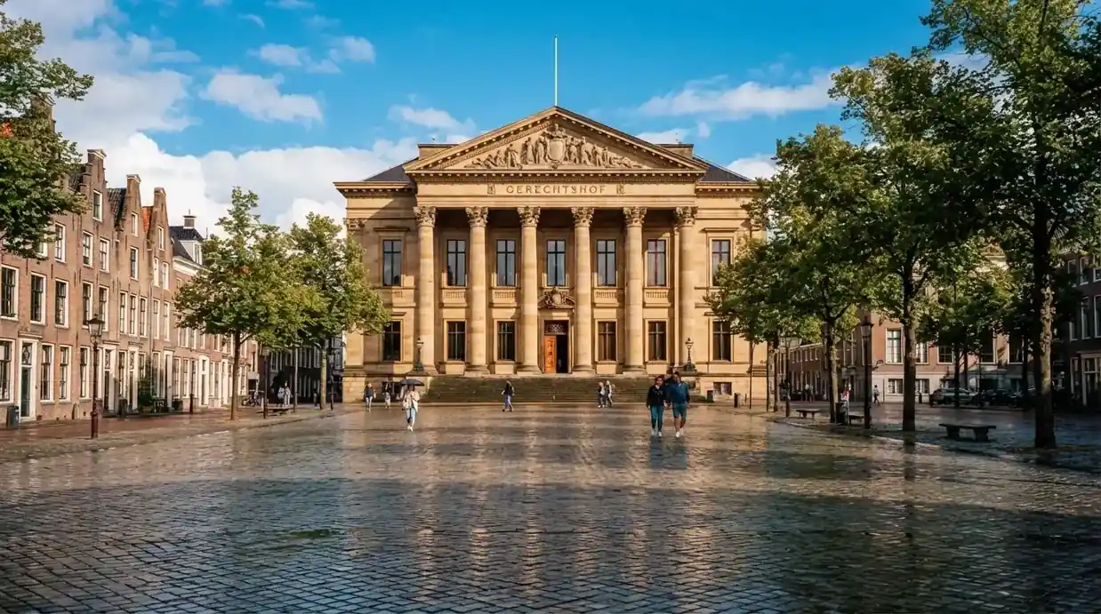 Een klassiek gerechtsgebouw met hoge zuilen staat onder een blauwe lucht in een Nederlandse binnenstad.