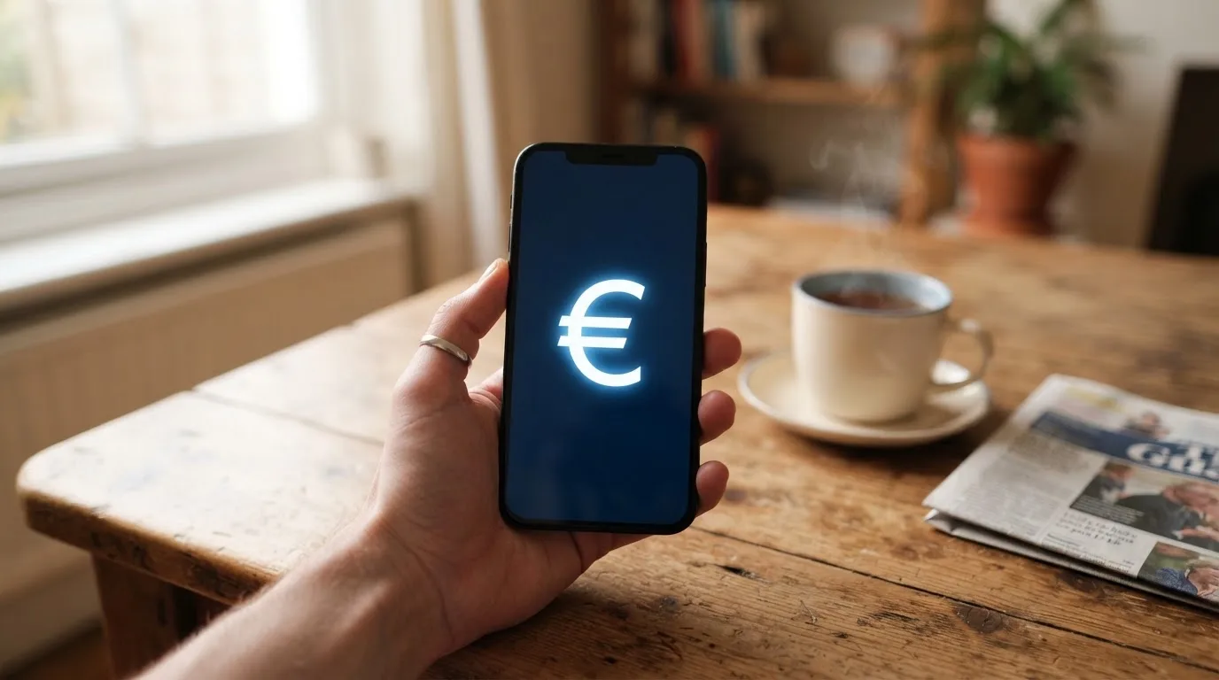 Een hand houdt een smartphone vast boven een houten tafel met een kopje thee ernaast, in zacht daglicht.