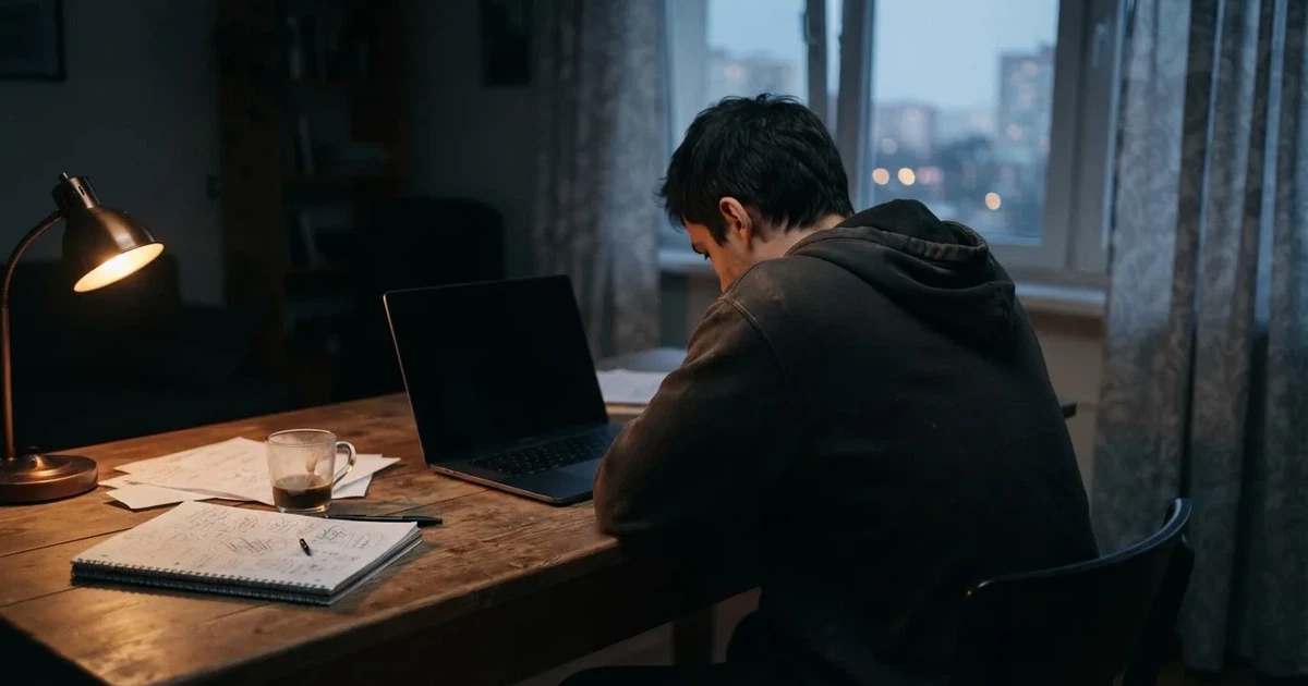 Een persoon zit alleen aan een bureau en staart peinzend naar een laptop met het scherm uit, in gedimd avondlicht.