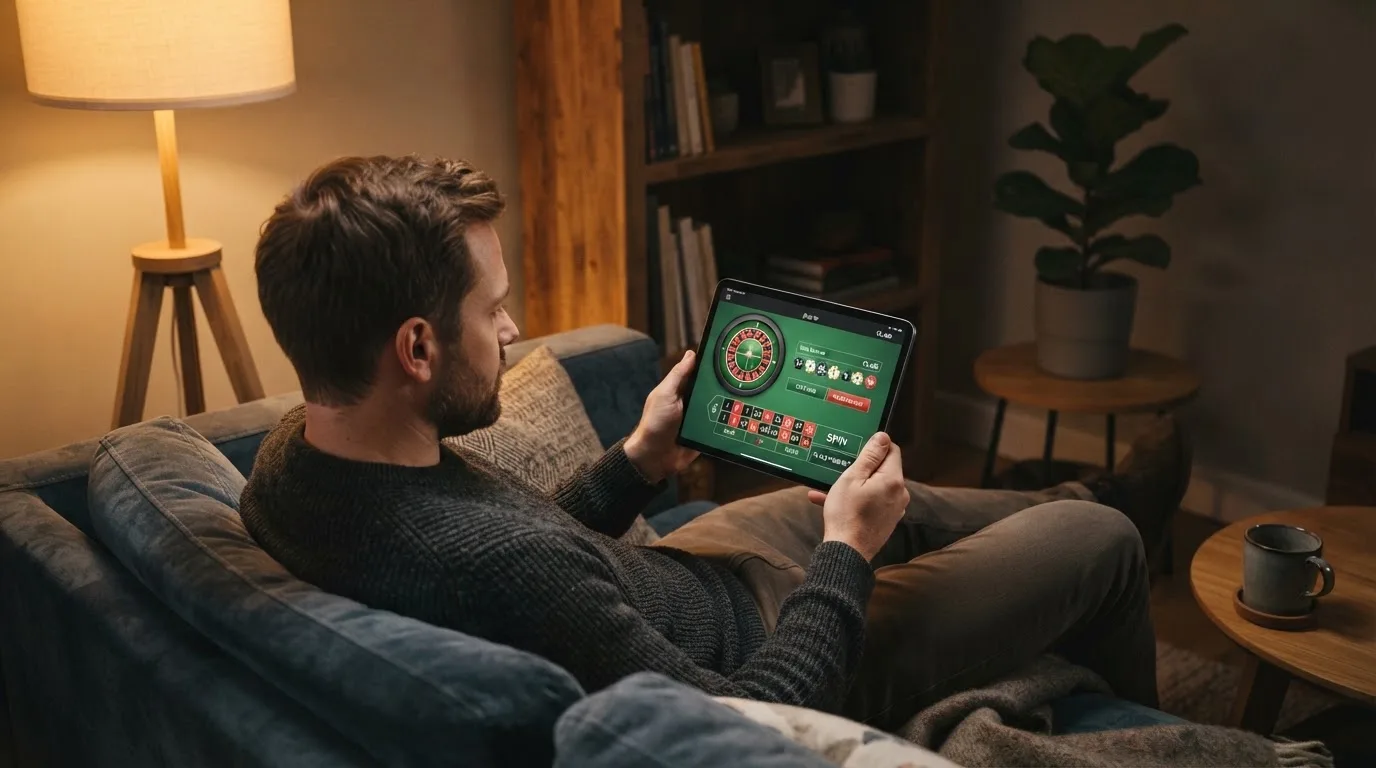 Een man bekijkt laat op de avond een tablet op de bank, verlicht door een staande lamp in een rustige woonkamer.