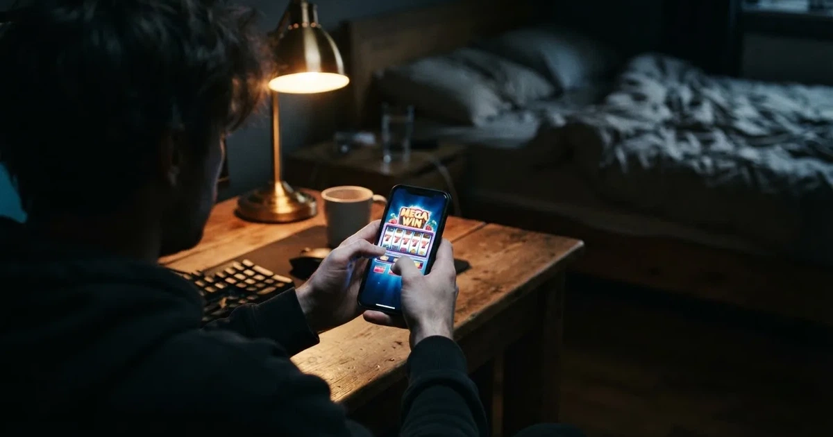 Een speler zit 's avonds laat aan een bureau met een smartphone in de hand, verlicht door een bureaulamp in een verder donkere kamer.