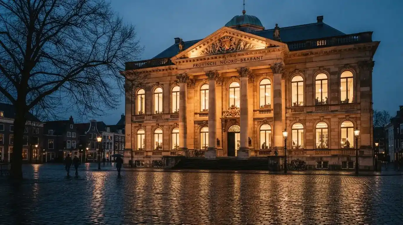 Een statig gerechtsgebouw met verlichte zuilen staat in de avondschemering in een Nederlandse stad.
