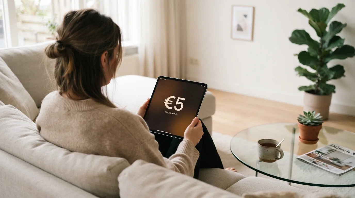 Een vrouw bekijkt ontspannen een tablet op de bank in een lichte woonkamer met een kop thee op de salontafel.