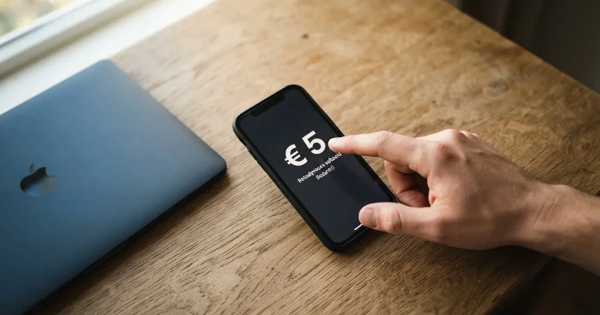 Een hand tikt op een smartphone naast een gesloten laptop op een houten bureau, in zacht daglicht.