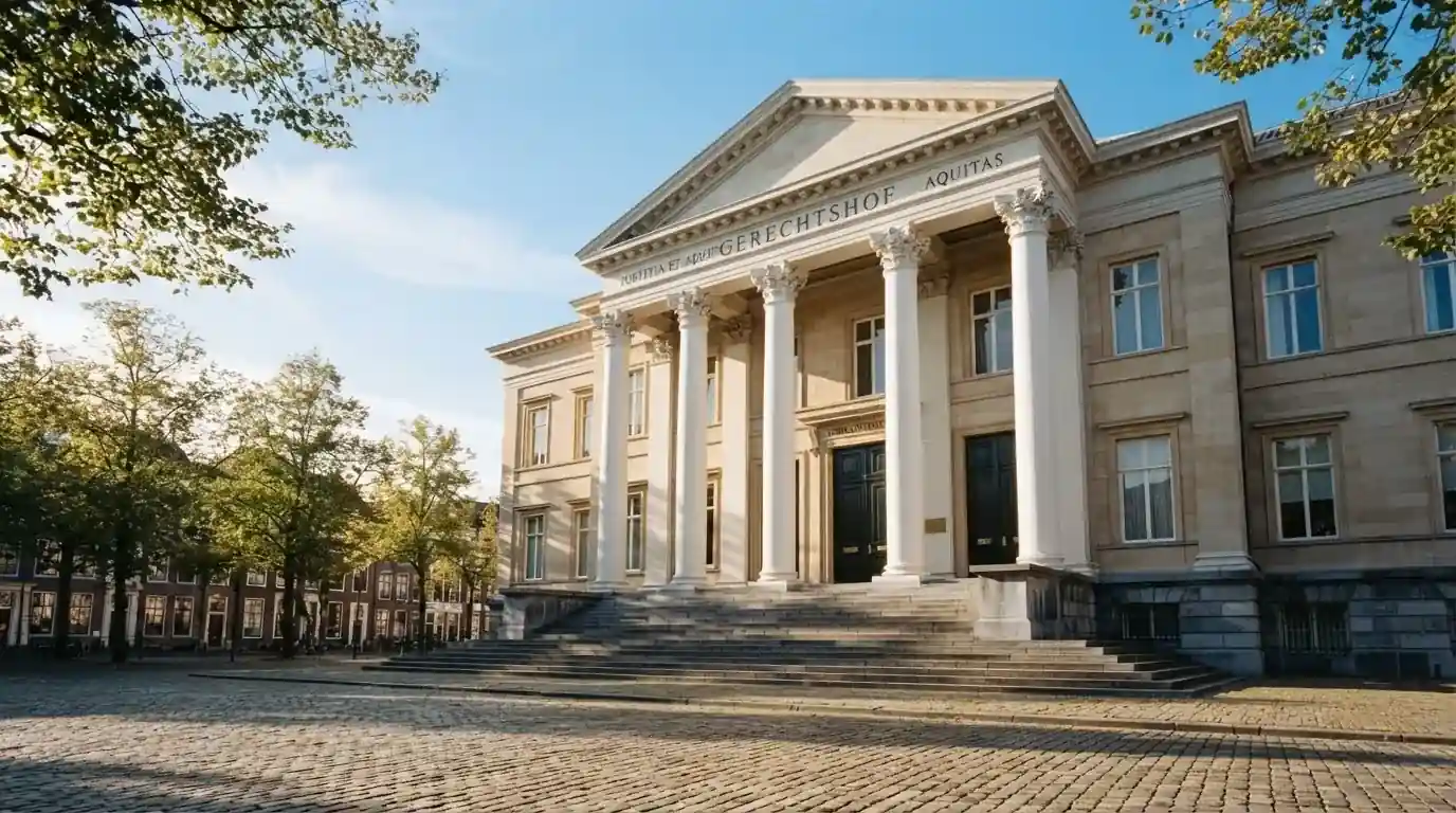 Een klassiek gerechtsgebouw met hoge zuilen staat onder een blauwe lucht in een Nederlandse binnenstad.