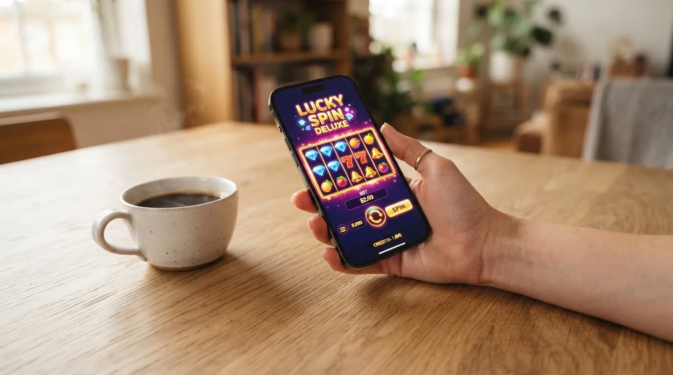 Een hand houdt een smartphone vast boven een houten tafel met een kopje koffie ernaast, in zacht daglicht.