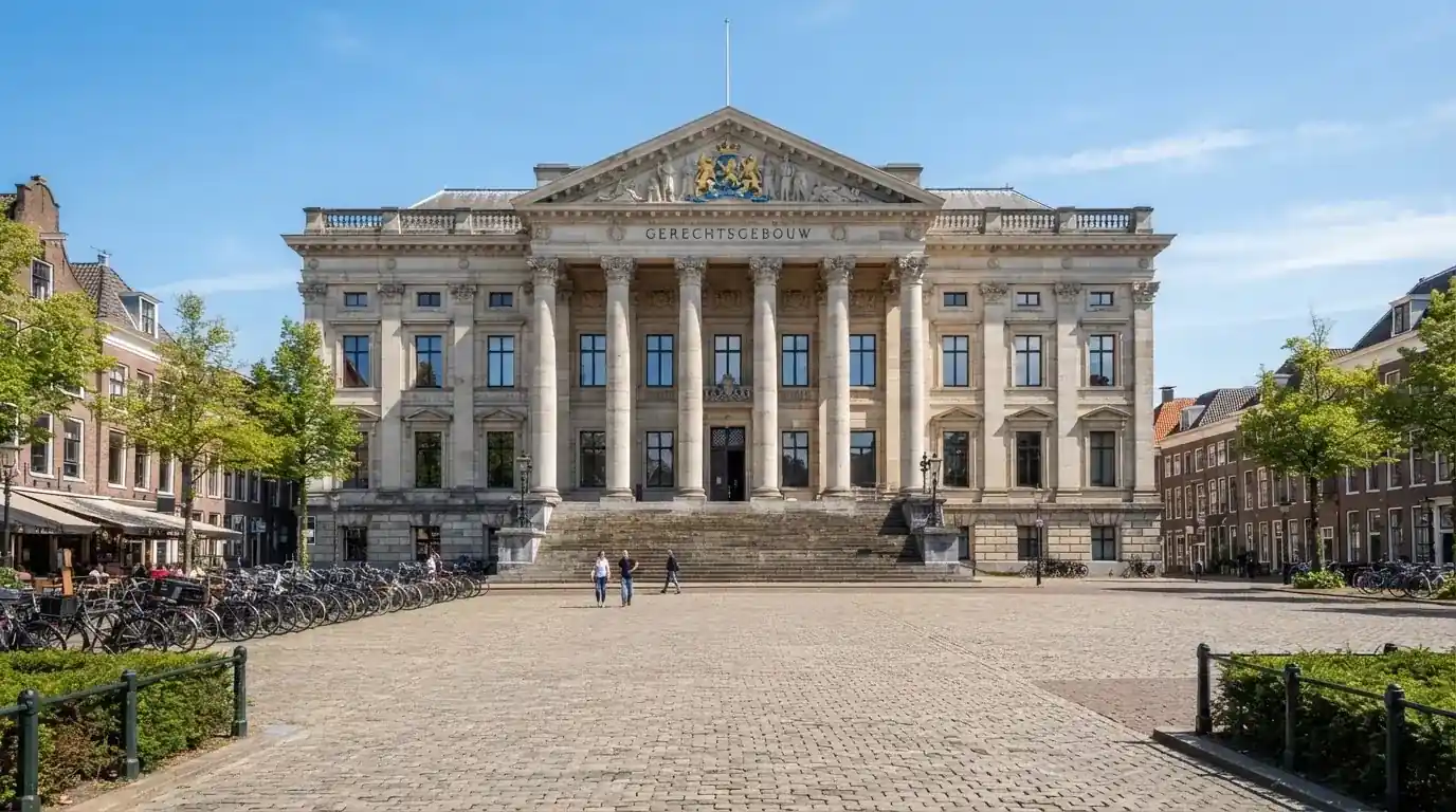 Een statig gerechtsgebouw met brede trappen en zuilen staat onder een heldere hemel in een Nederlandse stad.