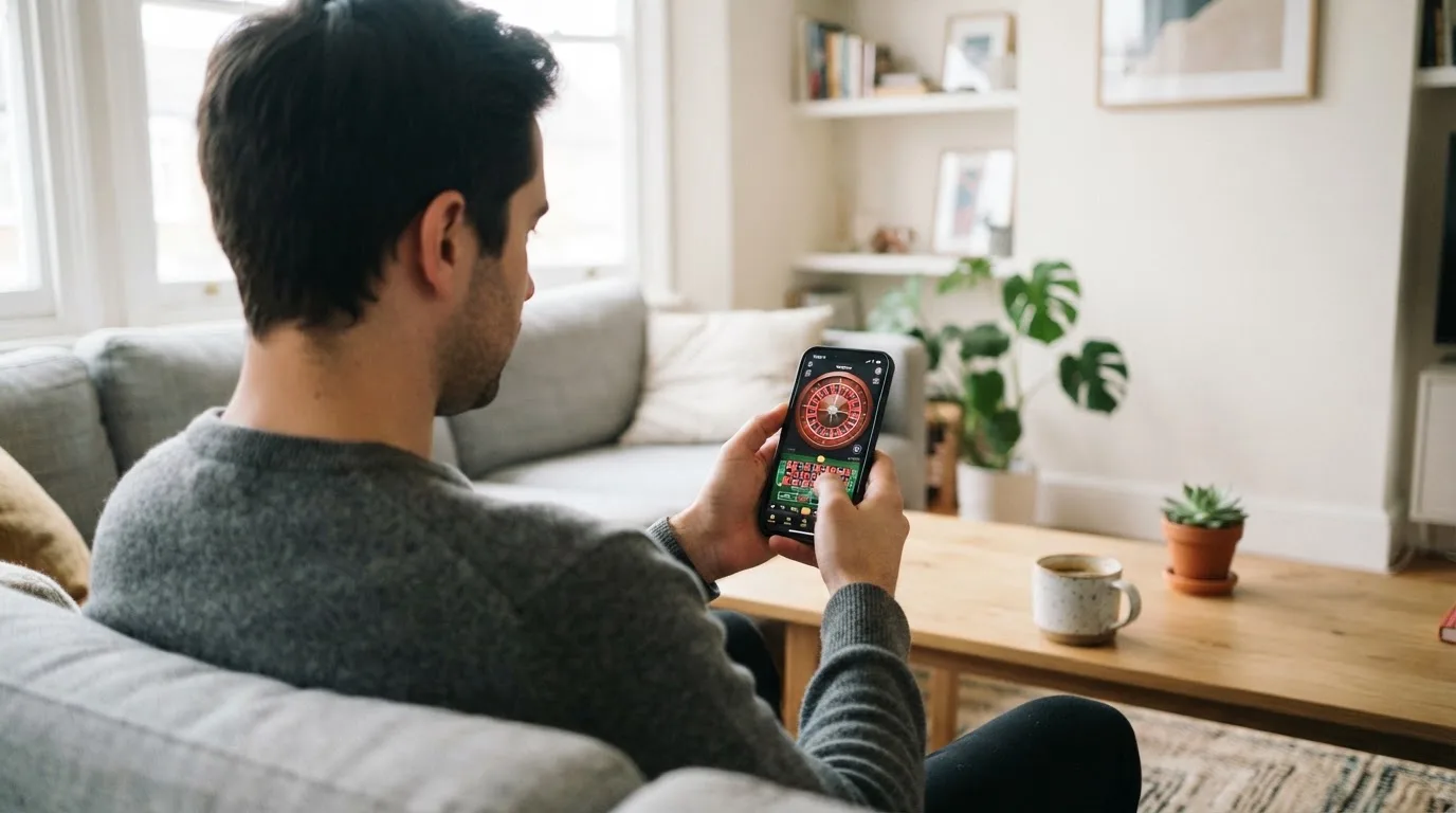 Een man bekijkt ontspannen zijn telefoon op de bank in een lichte woonkamer met een kop koffie op de salontafel.