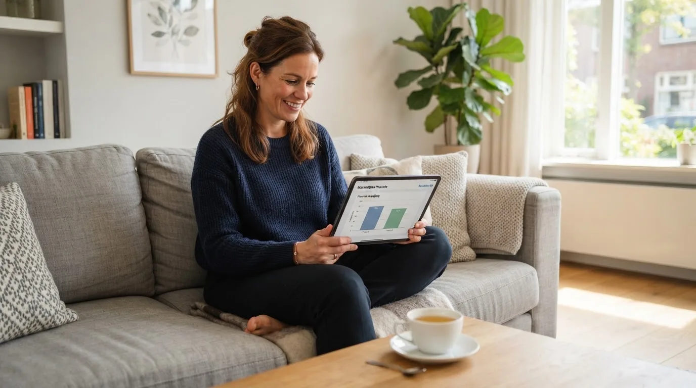 Een vrouw bekijkt ontspannen een tablet op de bank in een lichte woonkamer met een kop thee op de salontafel.