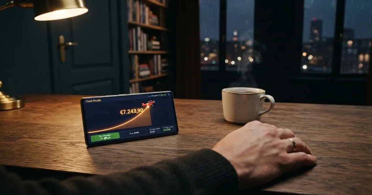 Een speler kijkt geconcentreerd naar een smartphone in een schaars verlichte kamer, met een kop koffie naast de hand.