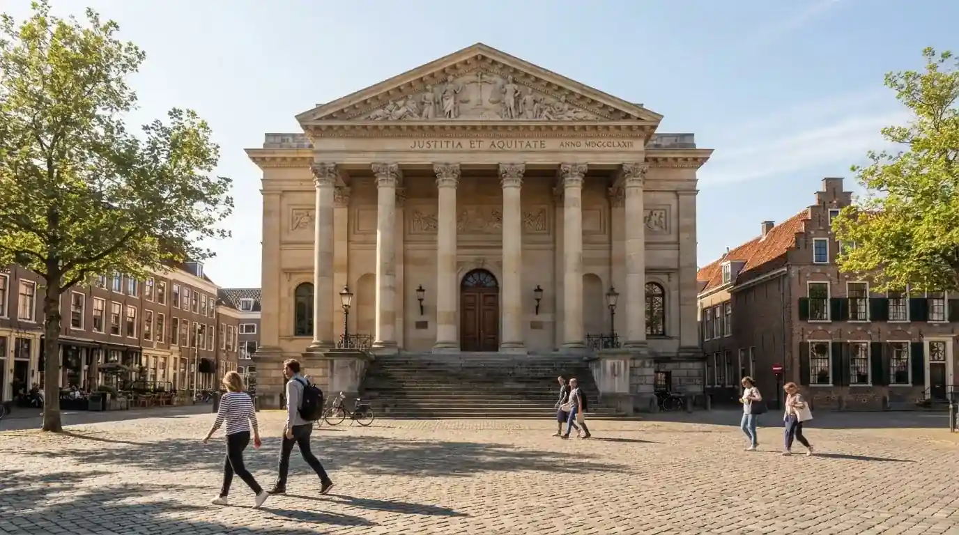 Een klassiek gerechtsgebouw met hoge zuilen staat onder een heldere hemel in een Nederlandse stad.