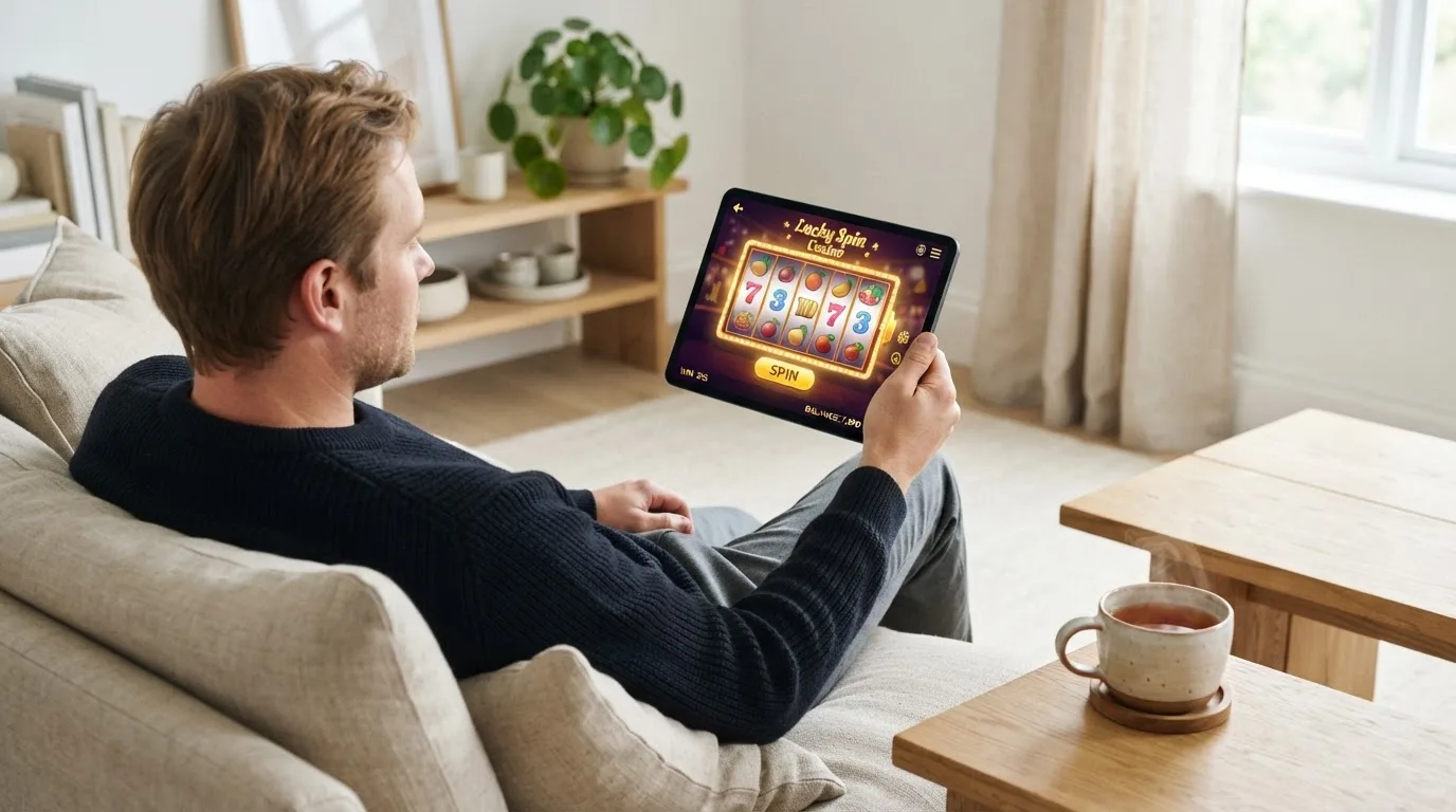Een man bekijkt ontspannen een tablet op de bank in een lichte woonkamer met een kop thee op de salontafel.