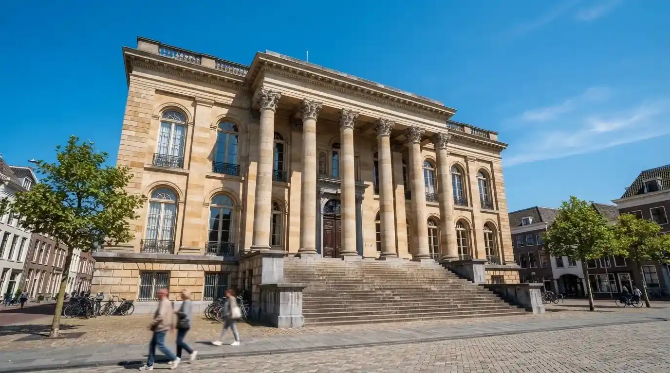 Een statig gerechtsgebouw met brede trappen en zuilen staat onder een blauwe hemel in een Nederlandse stad.