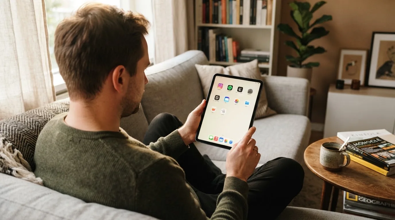 Een man bekijkt ontspannen een tablet op de bank in een lichte woonkamer met een kop koffie op de salontafel.
