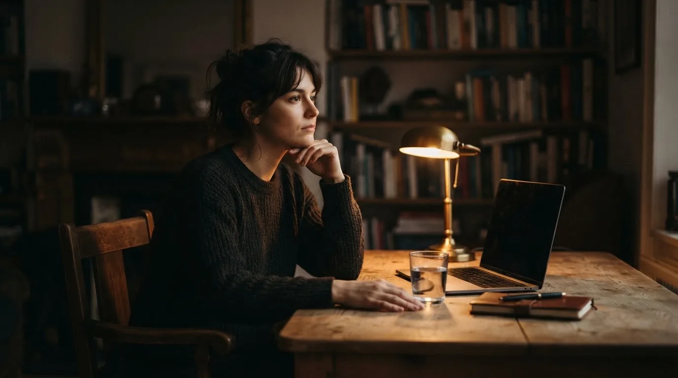 Een persoon zit alleen aan een bureau en kijkt peinzend naar een laptop met het scherm uit, in gedimd licht.