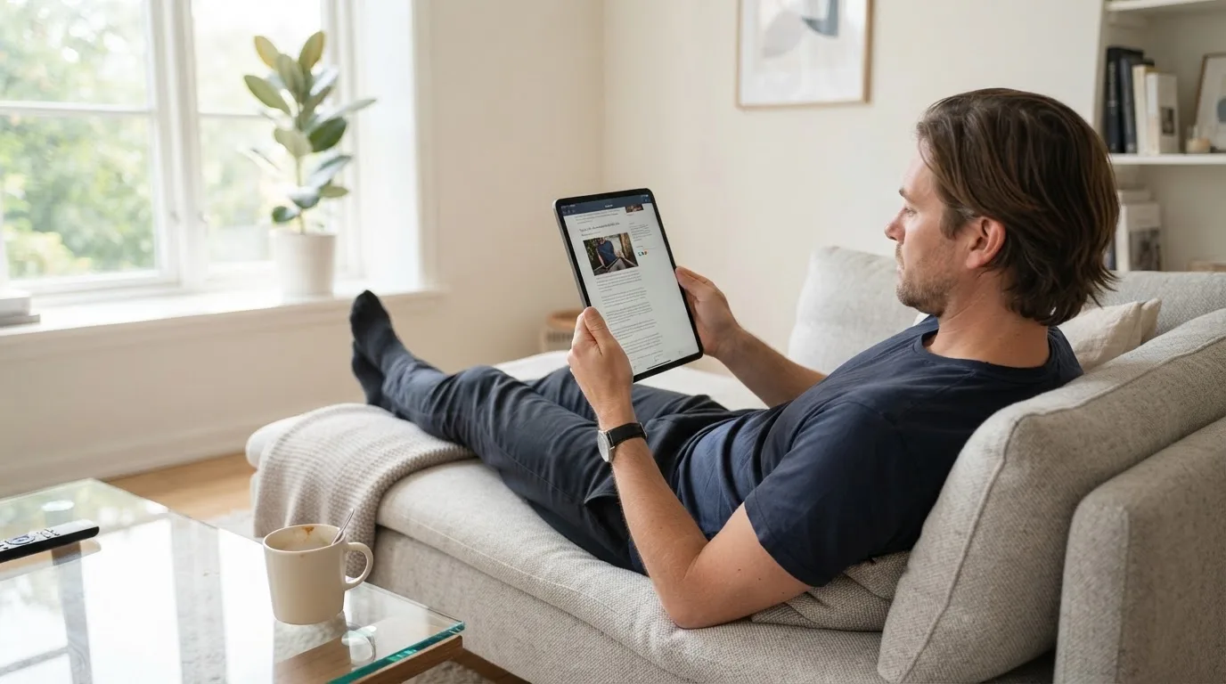 Een man bekijkt ontspannen een tablet op de bank in een lichte woonkamer met een kop koffie op de salontafel.