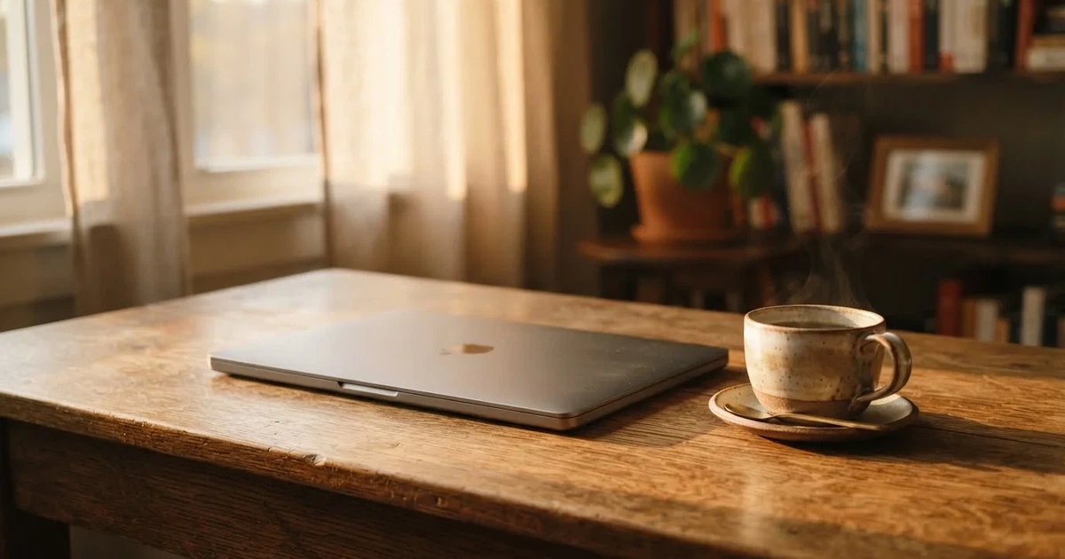 Een laptop met gesloten deksel staat naast een kopje koffie op een houten bureau, in zacht ochtendlicht.