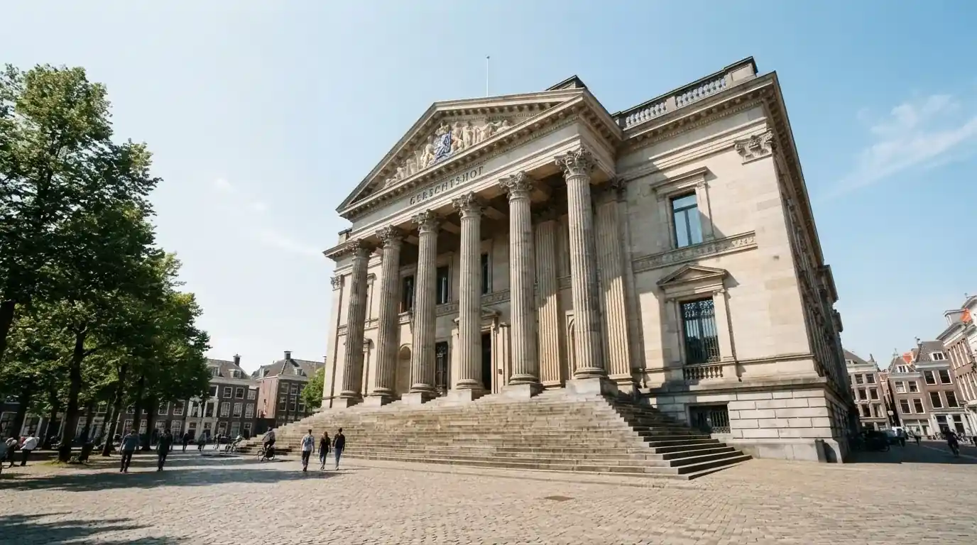 Een klassiek gerechtsgebouw met hoge zuilen staat onder een heldere hemel in een Nederlandse stad.