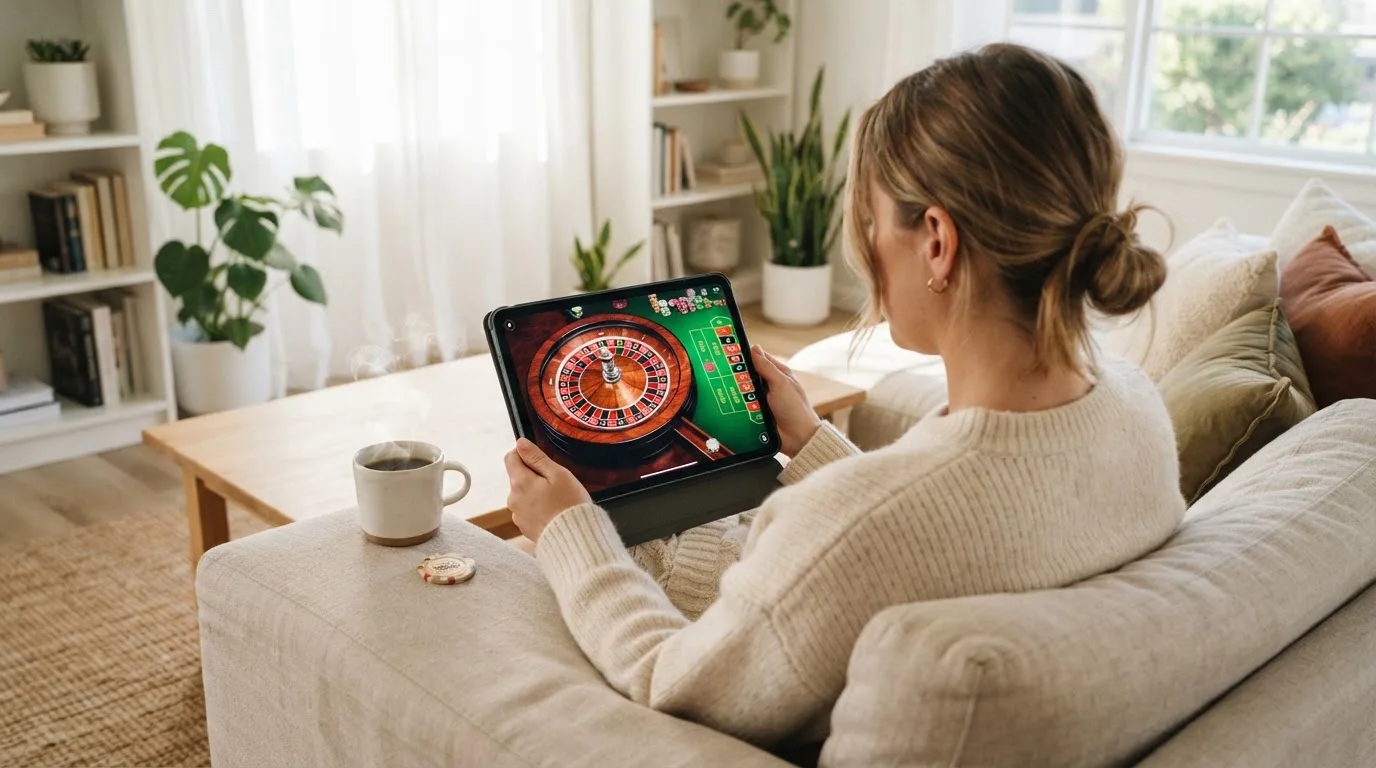 Een vrouw bekijkt ontspannen een tablet op de bank in een lichte woonkamer met een kop koffie op de salontafel.