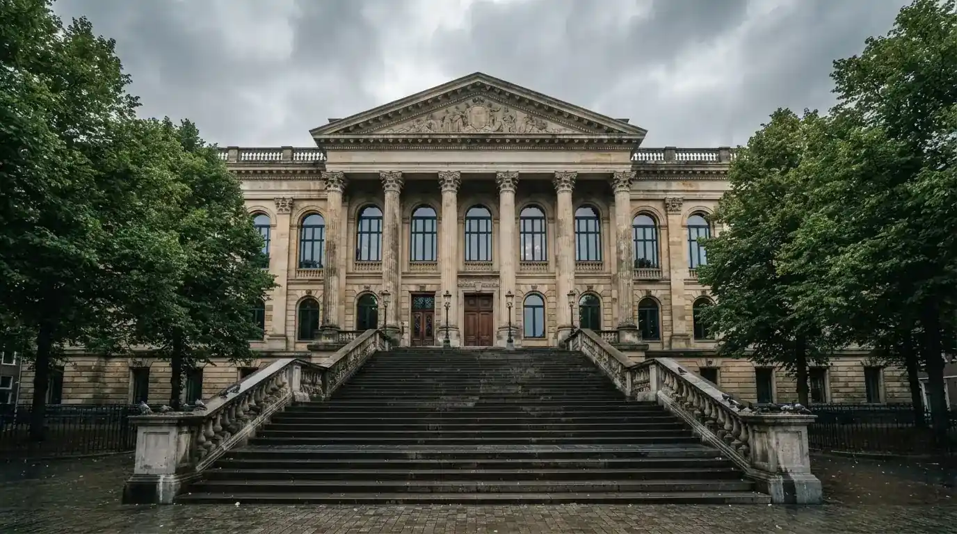 Een klassiek gerechtsgebouw met brede trappen staat onder een bewolkte hemel in een Nederlandse stad.