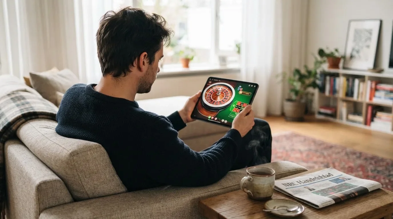 Een man bekijkt ontspannen een tablet op de bank in een lichte woonkamer met een kop thee op de salontafel.