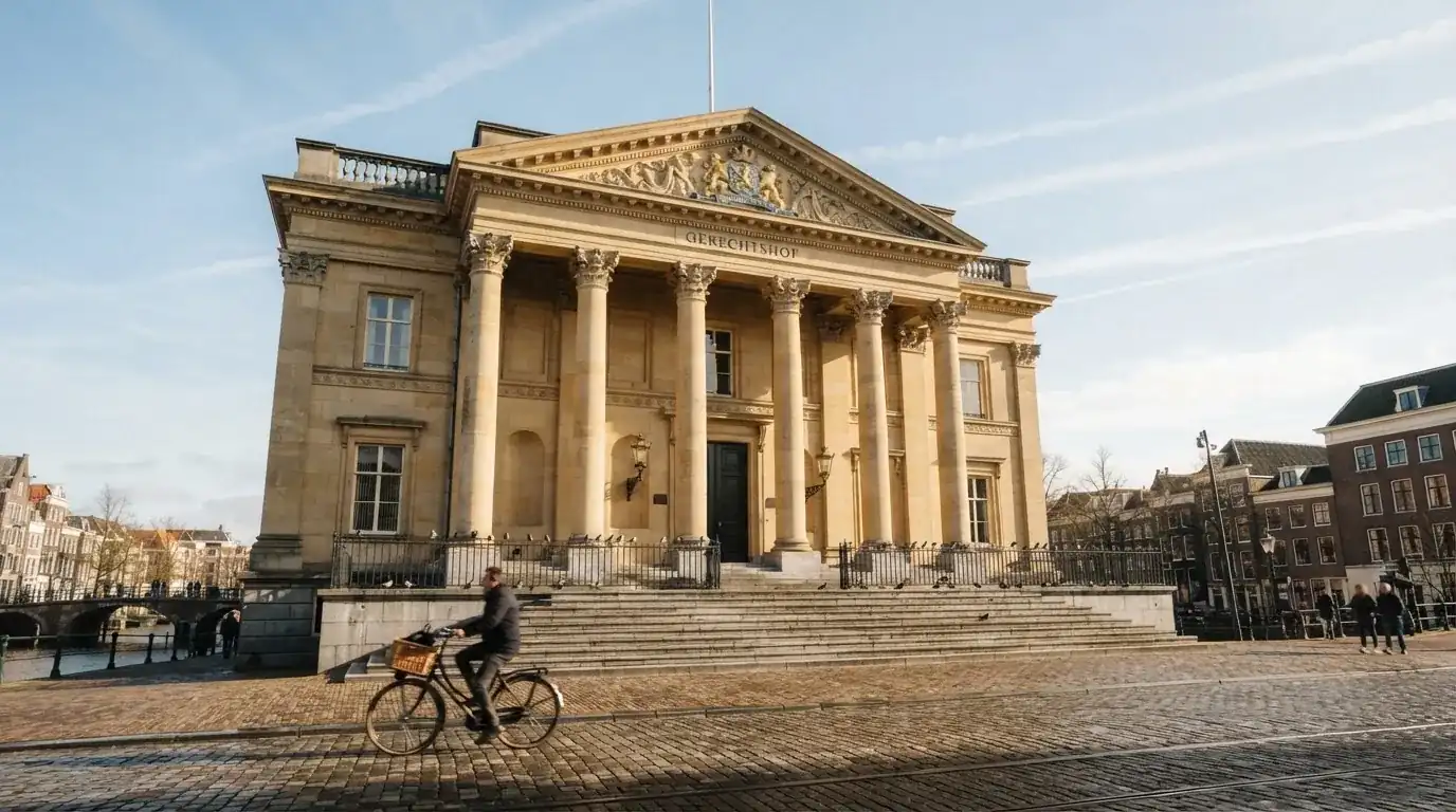Een klassiek gerechtsgebouw met hoge zuilen staat onder een heldere hemel in een Nederlandse stad.
