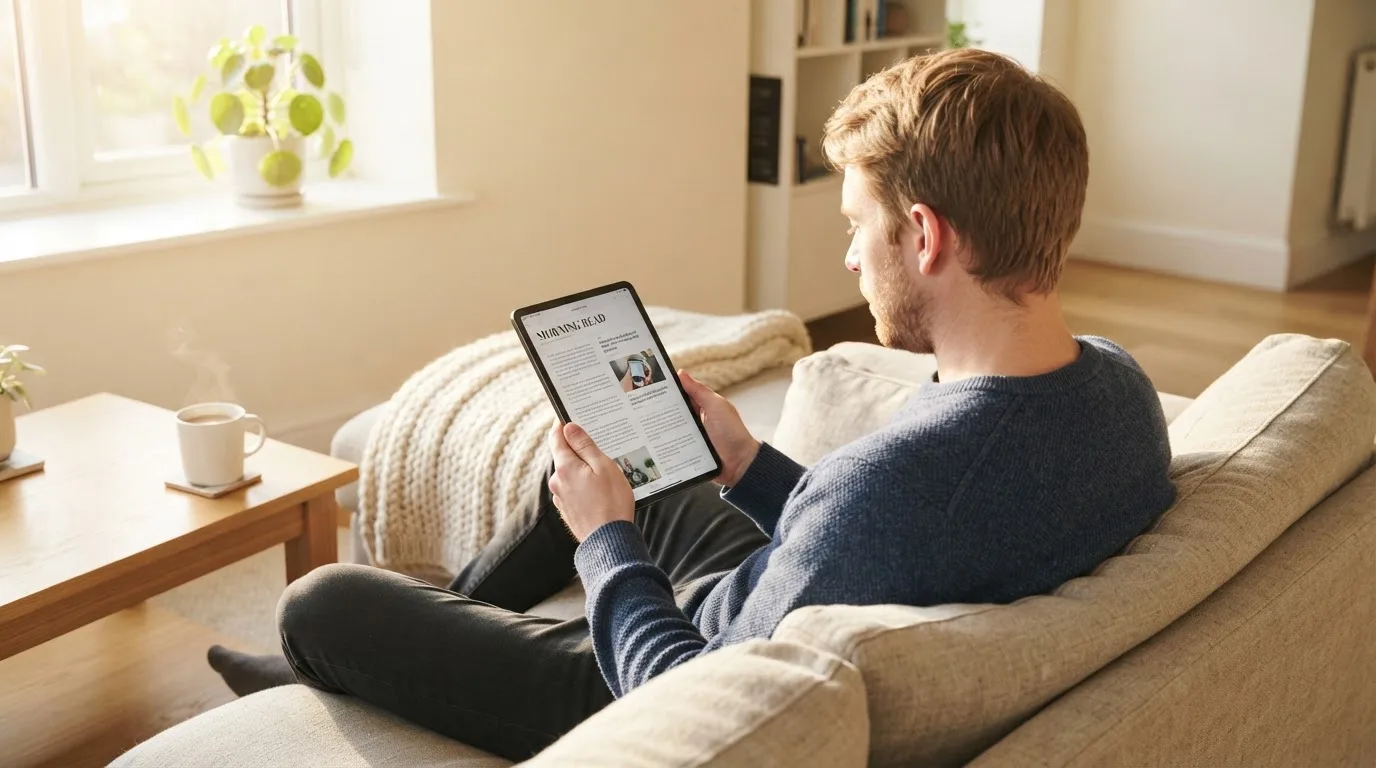Een man bekijkt ontspannen een tablet op de bank in een lichte woonkamer met een kop koffie op de salontafel.