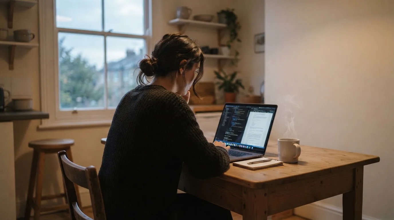 Een persoon zit alleen aan een keukentafel en kijkt peinzend naar een laptop, met een kop koffie ernaast in het vroege ochtendlicht.