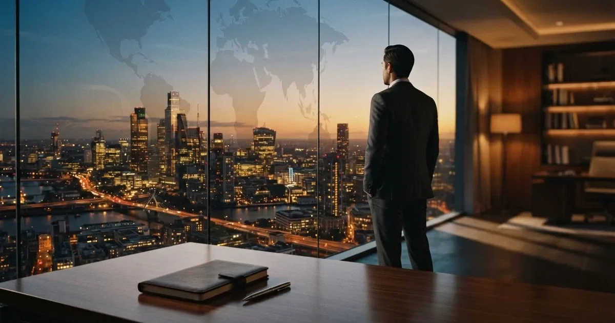 Een jurist in kostuum staat voor een grote glazen wand met een wereldkaart in een modern kantoor tijdens de avondschemering.