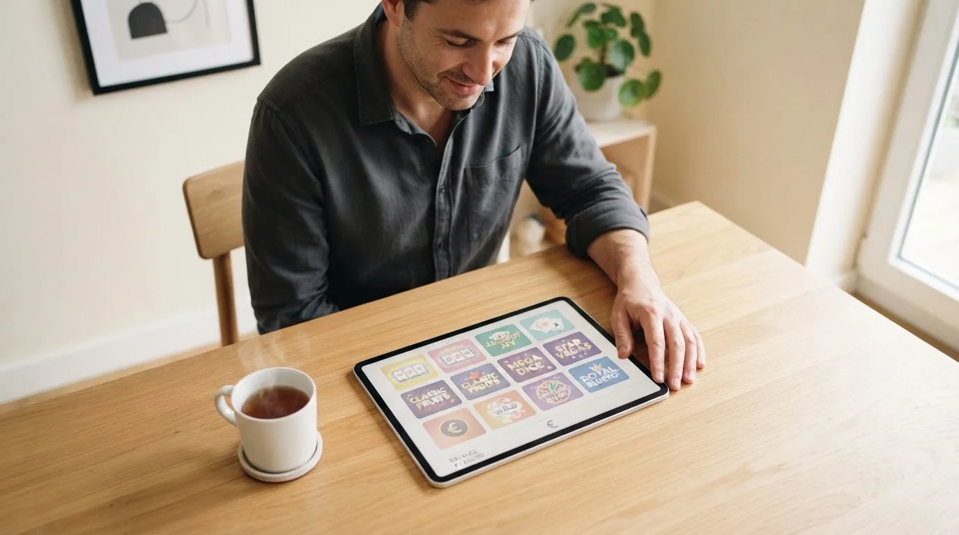 Een man zit aan een bureau in een lichte woonkamer en kijkt naar het scherm van een tablet die naast een kop thee ligt.