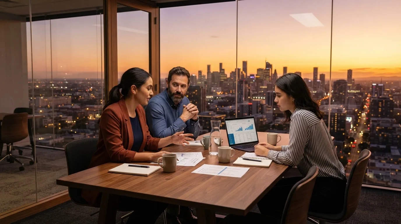 Een klein team overlegt rond een tafel in een glazen vergaderruimte met uitzicht op een stedelijke skyline bij zonsondergang.