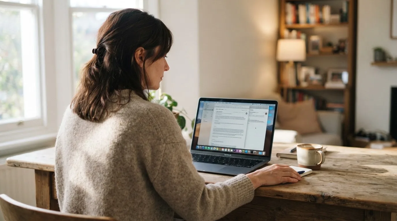 Een vrouw zit aan een houten bureau en bekijkt rustig het scherm van een laptop in een lichte woonkamer.