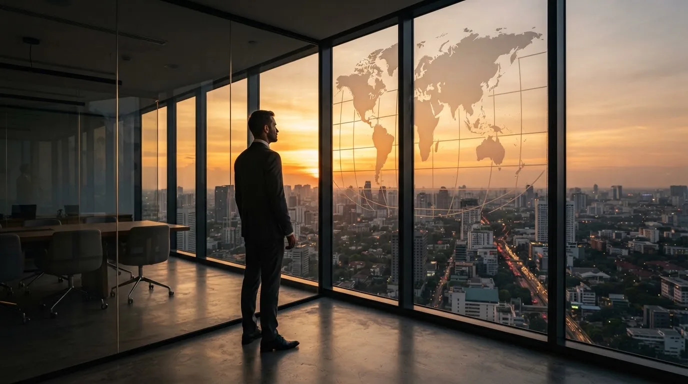Een jurist in kostuum staat voor een grote glazen wand met een wereldkaart in een modern kantoor tijdens de avondschemering.