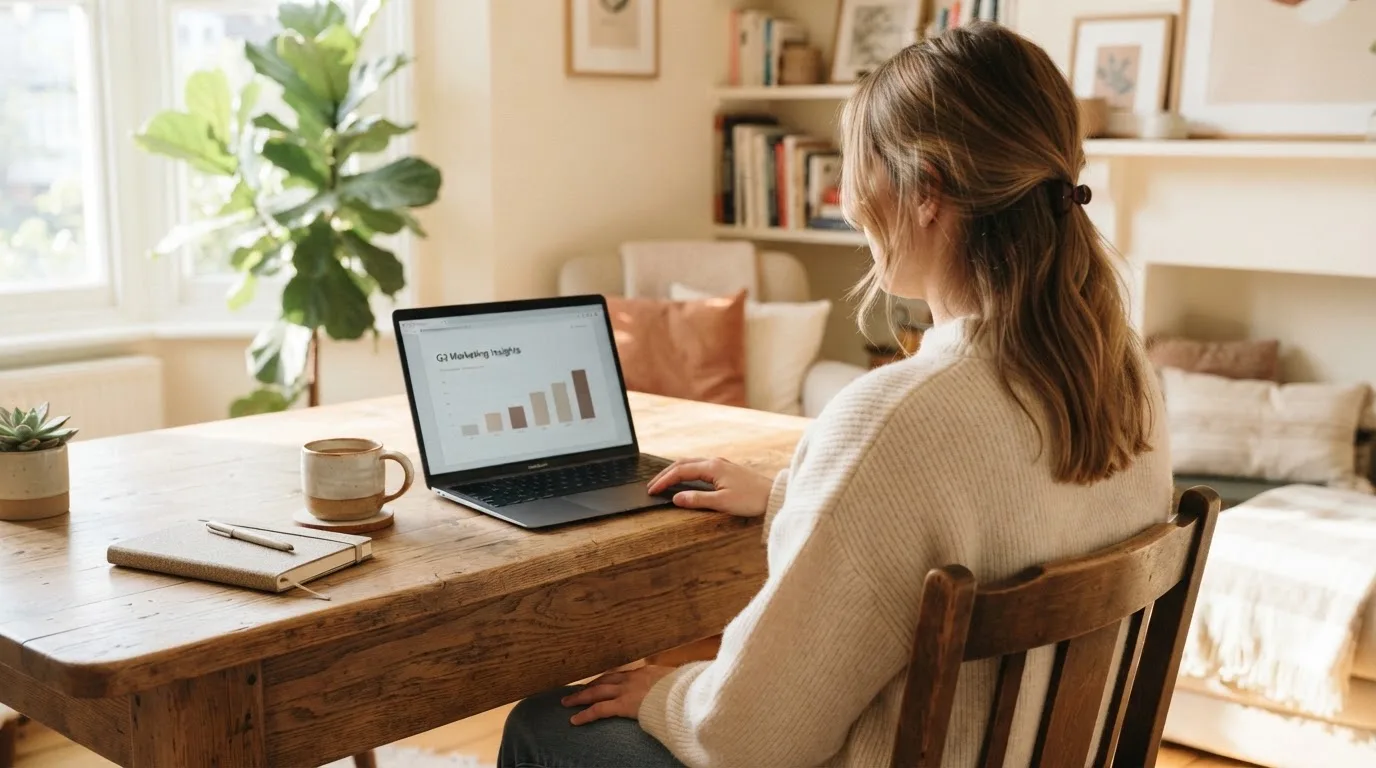 Een vrouw zit aan een houten bureau en bekijkt rustig het scherm van een laptop in een lichte woonkamer.