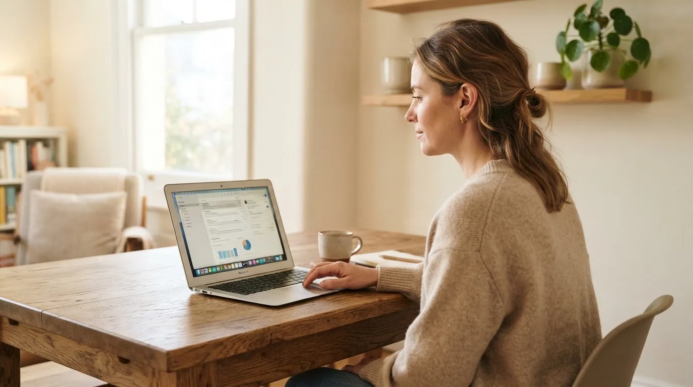 Een vrouw zit aan een houten bureau en bekijkt rustig het scherm van een laptop in een lichte woonkamer.