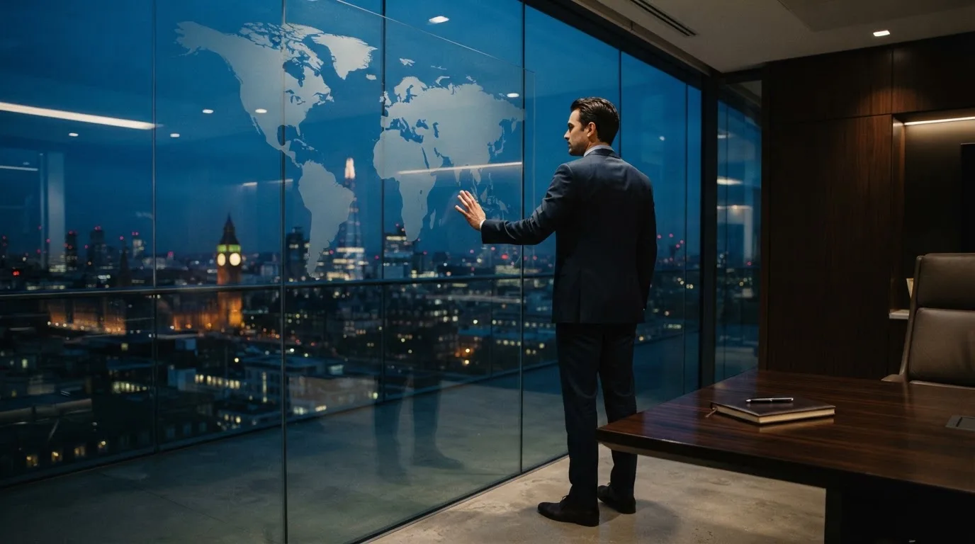 Een jurist in kostuum staat voor een grote glazen wand met een wereldkaart in een modern kantoor tijdens de avondschemering.