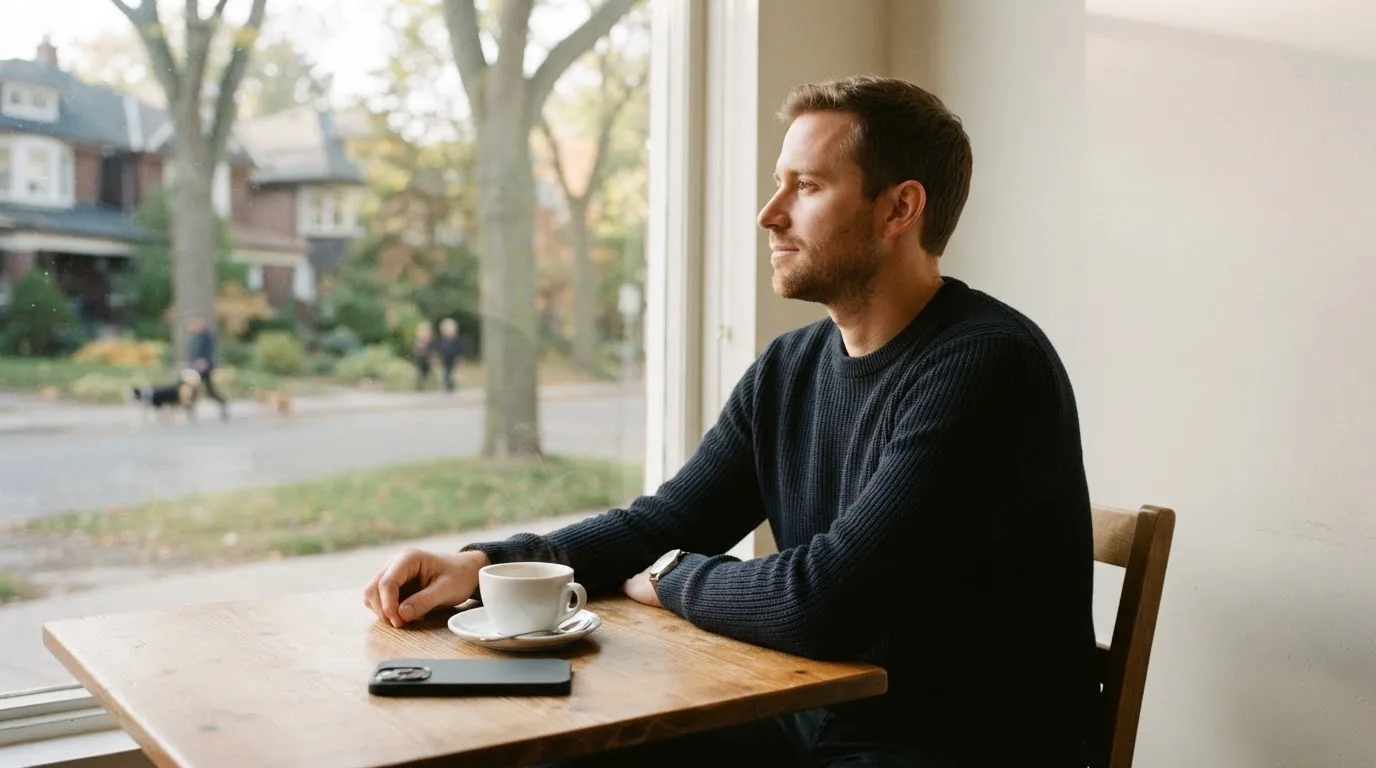 Een man legt zijn telefoon rustig weg en kijkt uit het raam met een kop koffie op tafel.
