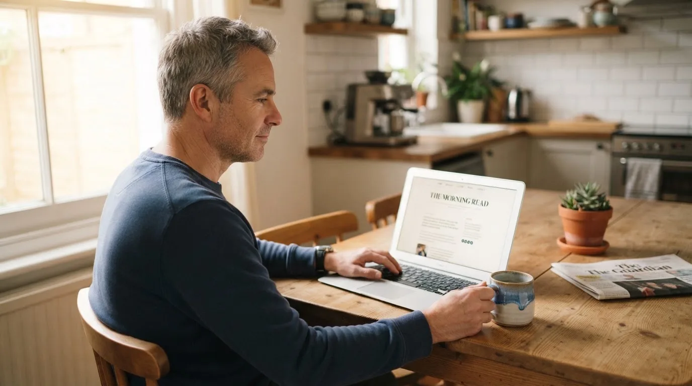 Een man zit thuis aan tafel met een kop koffie en bekijkt rustig zijn laptop.