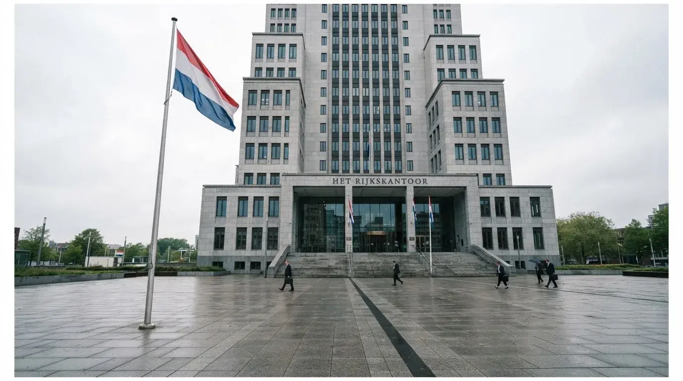 Een statig kantoorgebouw met een Nederlandse vlag ervoor onder een bewolkte hemel.