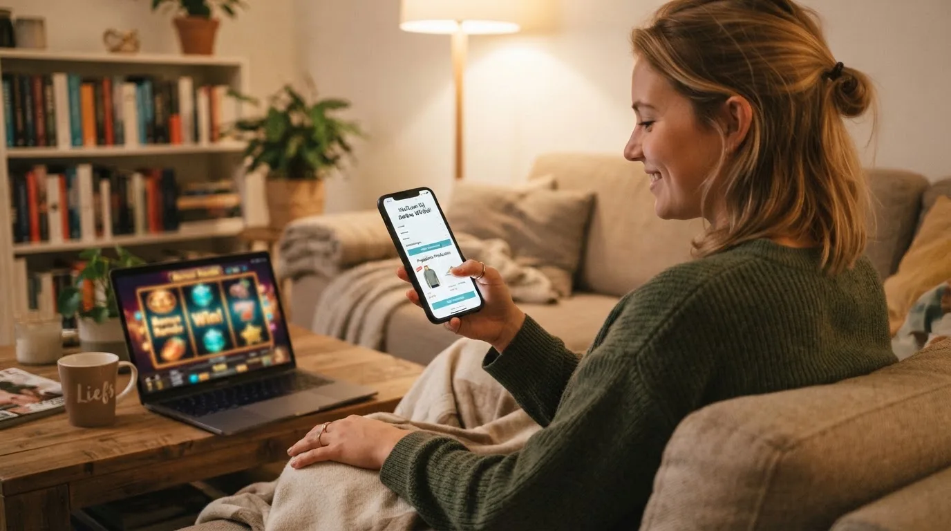 Een jonge vrouw zit ontspannen op de bank met een smartphone in haar hand, terwijl een laptop met onscherp scherm op de salontafel staat.