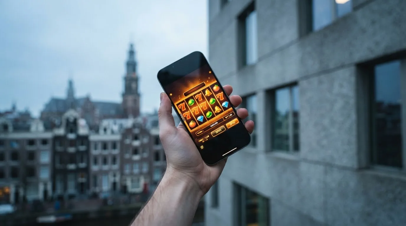 Een close-up van een hand die een smartphone vasthoudt buiten voor een grijs kantoorgebouw, met een wazige skyline van een Nederlandse stad op de achtergrond.