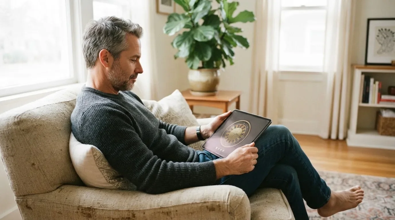 Een man leunt achterover op een stoel met een tablet op schoot, in een lichte woonkamer met planten op de achtergrond.