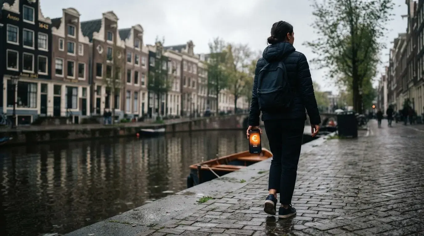 Een persoon loopt met een telefoon in de hand langs een grachtenpand in een Nederlandse stad, met wazige gevels op de achtergrond.
