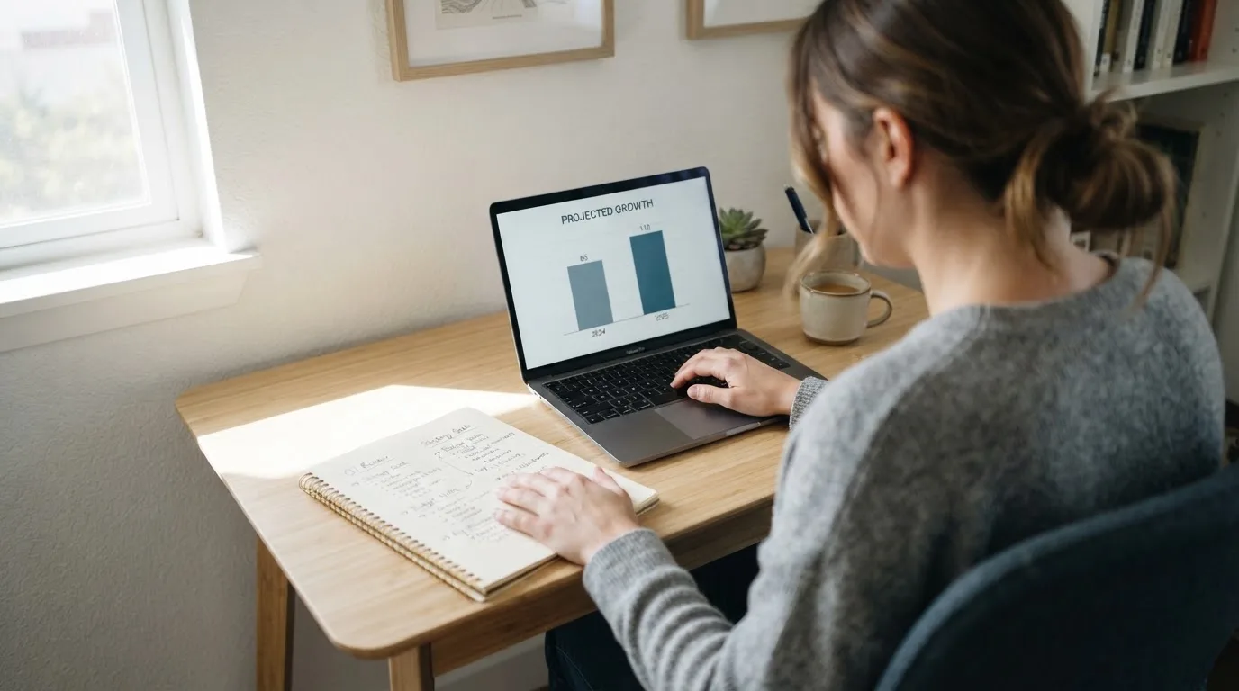 Een persoon zit aan een bureau thuis met een laptop en een notitieblok in daglicht.
