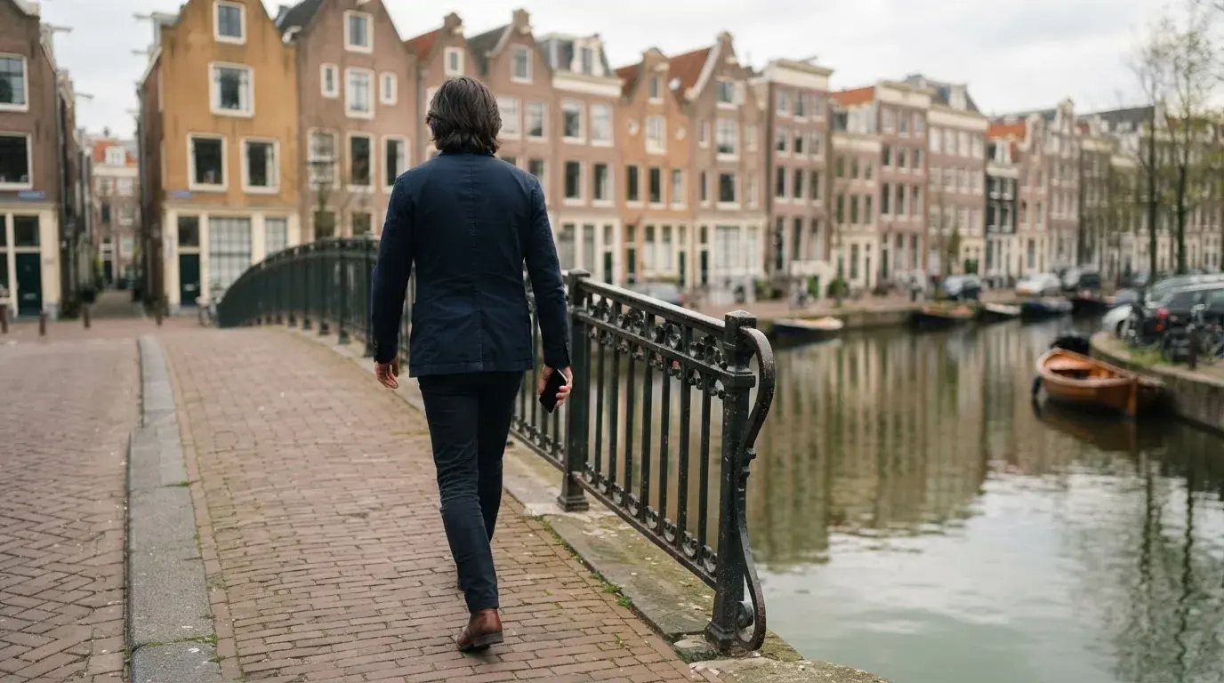 Een volwassene loopt over een brug in een Nederlandse stad met een telefoon in de hand.